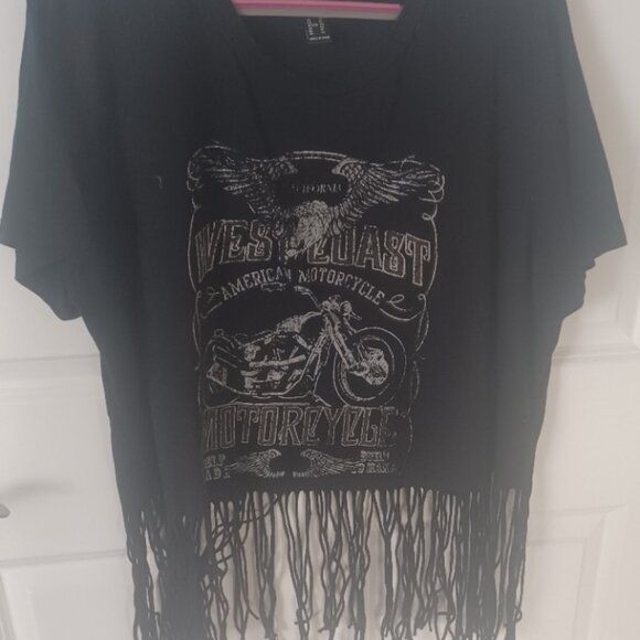 Forever 21 Plus Black West Coast Motorcycles Short Sleeve Fringe Crew Tshirt 1X - Picture 1 of 4